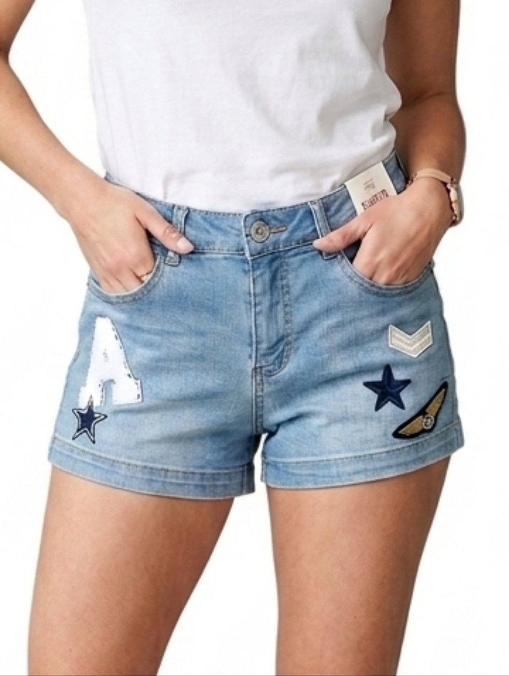 Women's high-rise shortie jean shorts with patches juniors size 5 NWT
